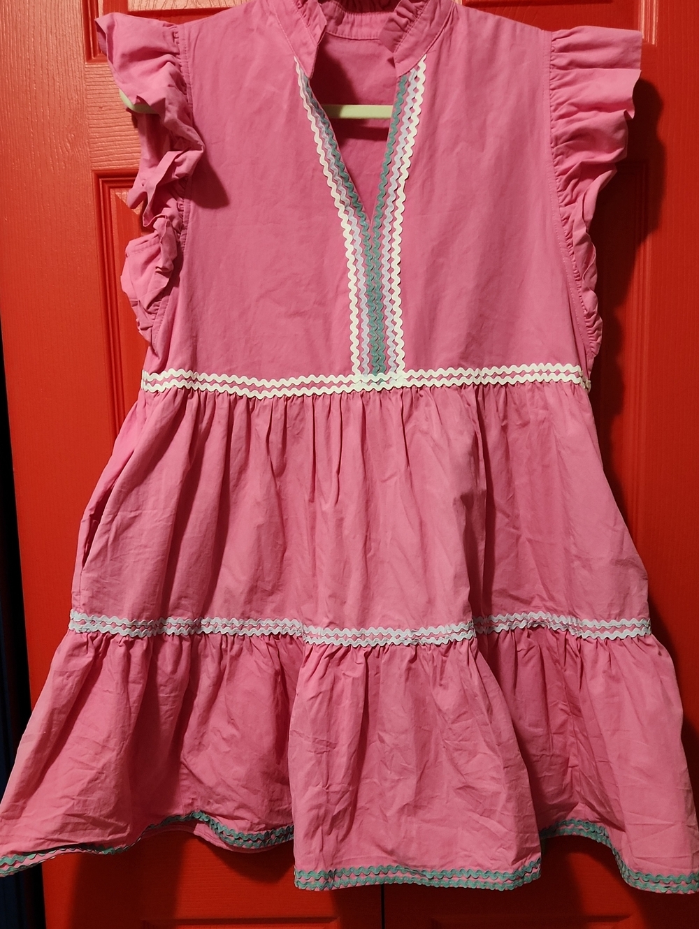Sz M Pink Ruffle Dress With White/Green Trim